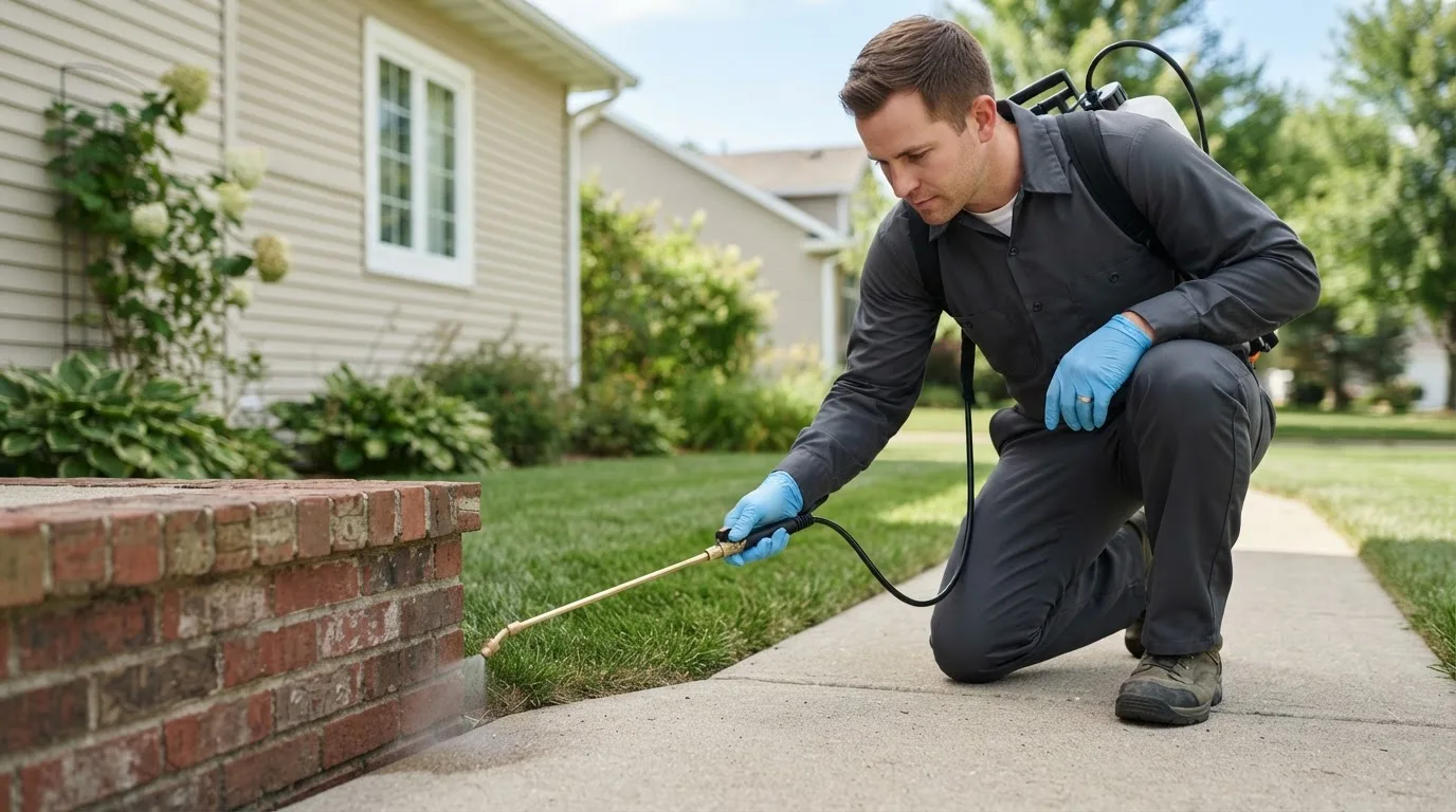 Pest control technician treating a home near Tarkio, MO